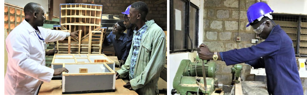 Mr. Abaya with joinery students during the supervision of their final projects and on the right is a carpentry student cutting woods using the modern wood-cutting machine.