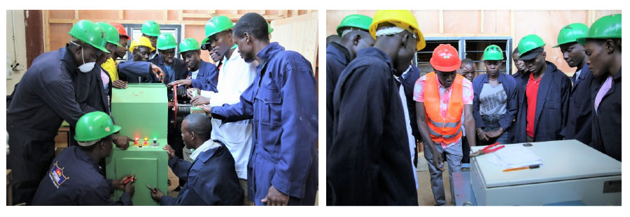Mortar-rewinding practical session and Mr. Philip Owino illustrating to advanced-level electrical students how a mortar rewinding machine operates